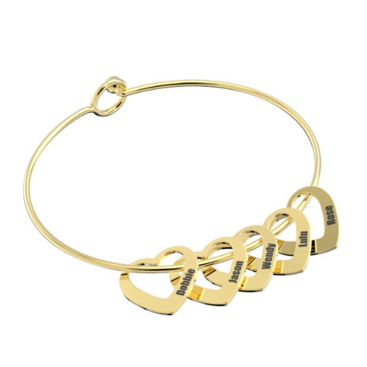 Bangle Bracelet with Custom Heart Pendants in 18K Gold Plating - glwave