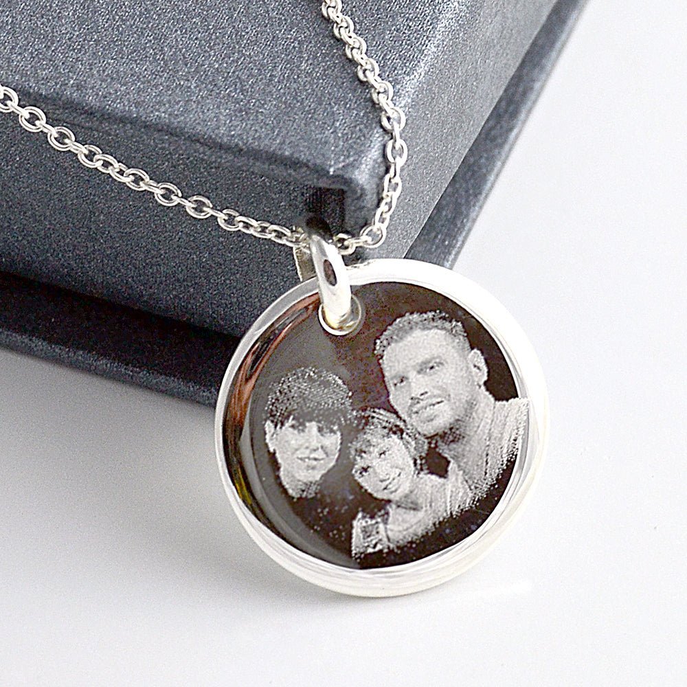 Round Pendant Necklace - Photo Necklace, Sterling Silver Personalised Necklace Photo & Text engraved, - glwave